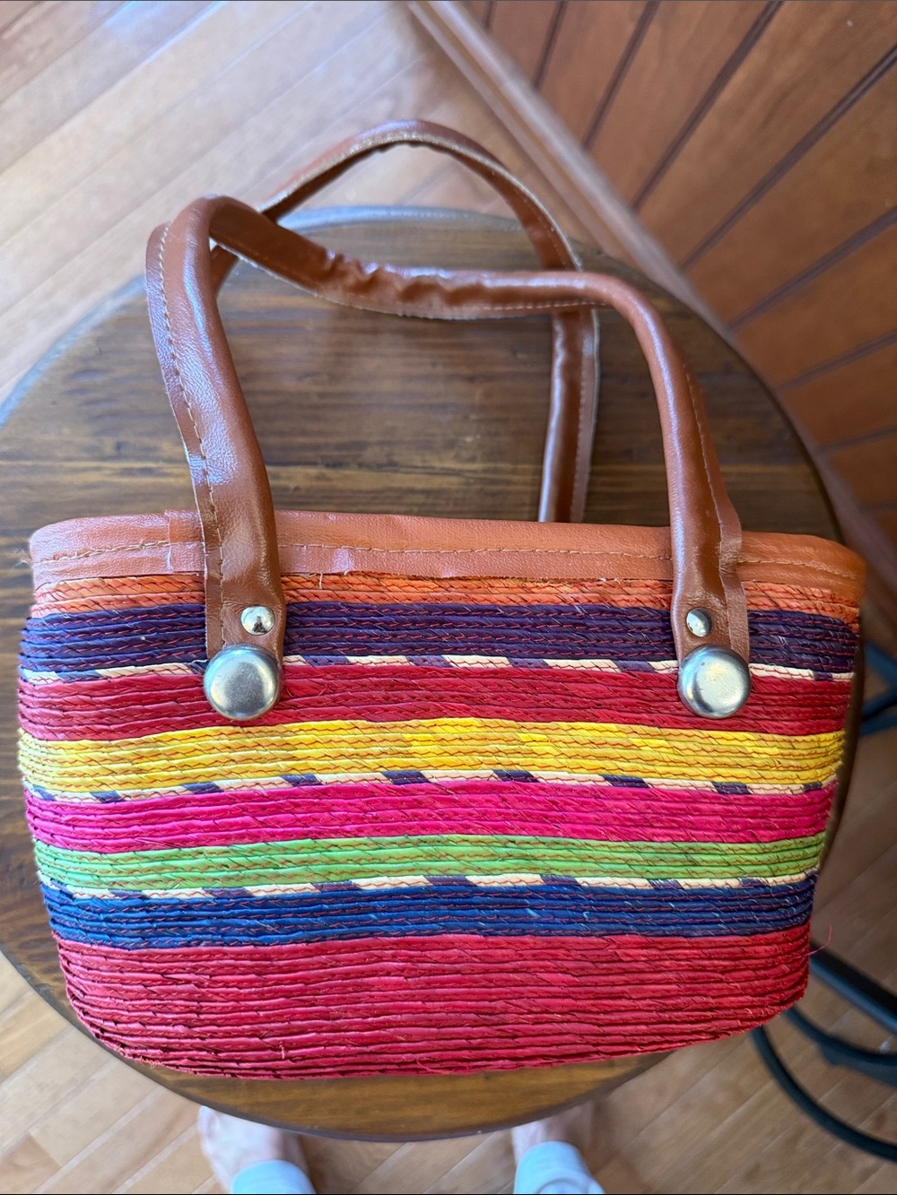 Colorful 🌈 Mini Striped Women’s Tote Bag with Brown Handles